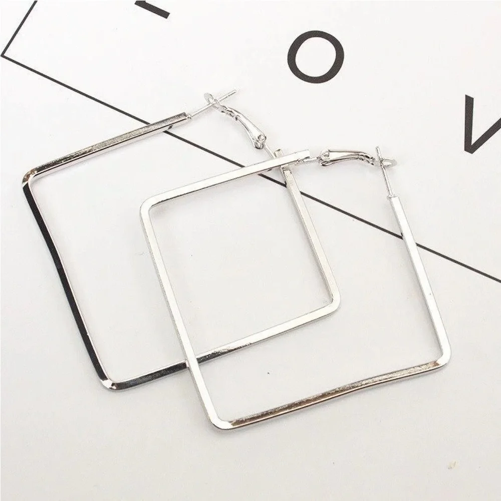 Silver Square Metallic Hoop Earrings - Picture 7 of 8